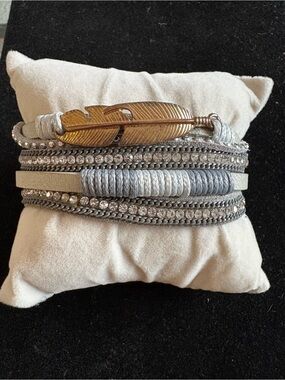 Gold Feather Layered Bracelet with Silver and Gray Straps